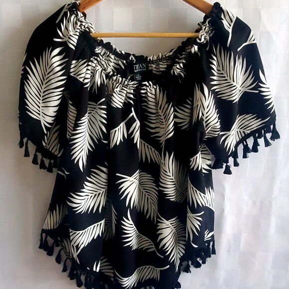 Black & White Off-shoulder Tassel Trim Blouse Top Black & White Tropical Leafy L - Picture 1 of 8